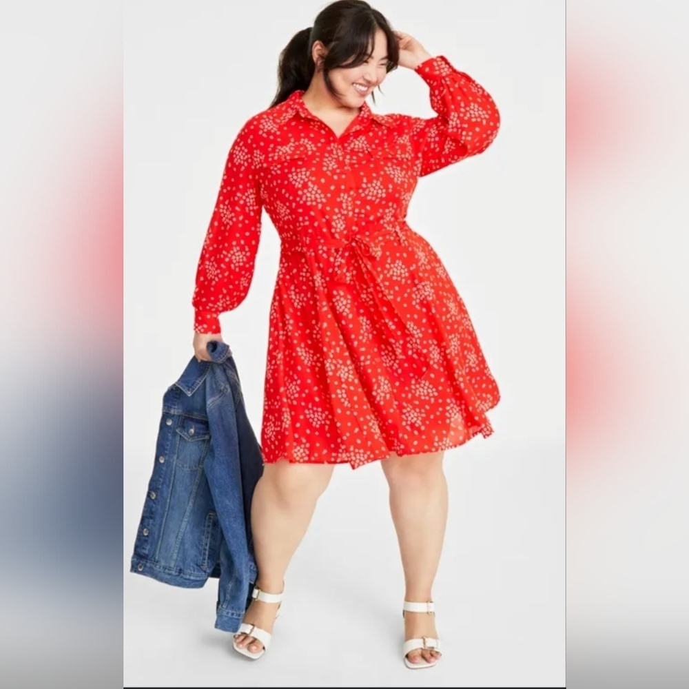 "On 34th" Long Sleeved Belted Shirt Dress With Pockets Sz 1X